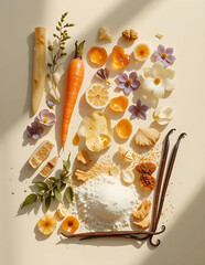  A diverse selection of ingredients, such as herbs and vegetables, artistically arranged in a circle on a white background.