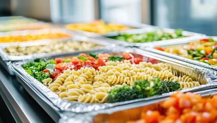 Catering for corporate team VECTOR, close-up of many school lunch boxes filled with healthy food arranged on the counter in an office open space,