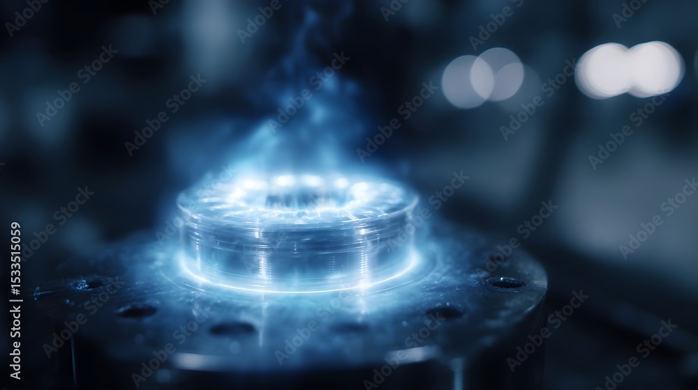 Poster glowing hologram of a rotating robotic component in an engineering workspace