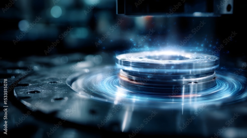 Poster glowing hologram of a robotic component rotating in an engineering workspace