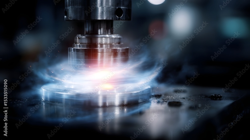Poster glowing hologram of robotic component rotating in engineering workspace