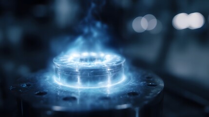 Glowing hologram of a rotating robotic component in an engineering workspace