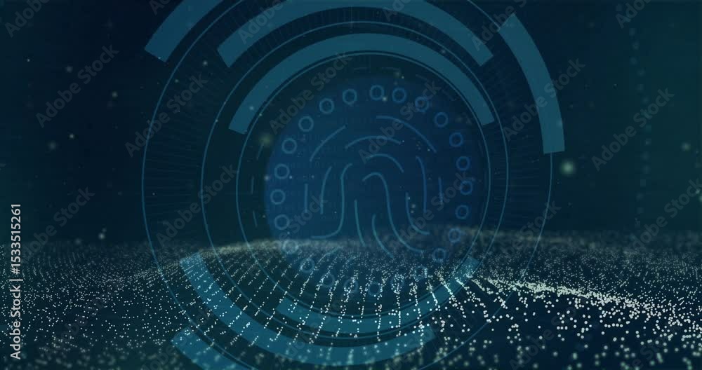 Poster when rings fading in, fingerprint icon emerging as rings rotating and points rippling for security