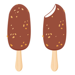 Vanilla ice cream with nut pieces and crunchy chocolate topping on wooden stick