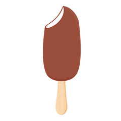 Vanilla ice cream with crunchy chocolate topping on wooden stick isolated on white background. Brown bitten chocolate popsicle eskimo