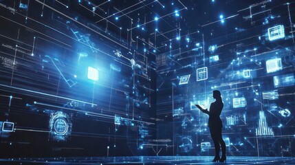 Woman silhouetted against a glowing digital data network interface.