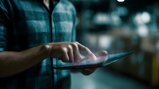 Worker accessing inventory status through holographic tablet