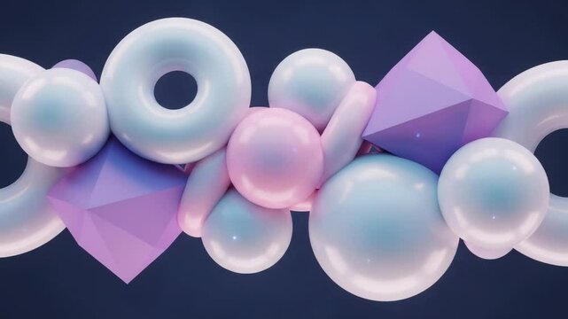 Abstract 3D Pastel Geometric Shapes:  A Dreamy Composition of Spheres, Toruses, and Polyhedra