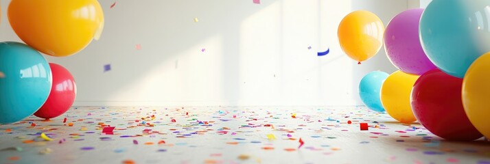 Colorful balloons and confetti on the floor, empty room with a white background. Birthday party decoration concept.