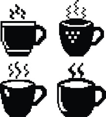 Pixel-style coffee cups - 4 steaming mug silhouettes, EPS JPEG PNG