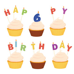 Tasty cupcakes with candles. Happy birthday 6 years anniversary design elements. Vector