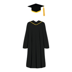 Graduation cap and gown with tassel isolated on white background. University, collage graduation outfit. Graduation ceremony