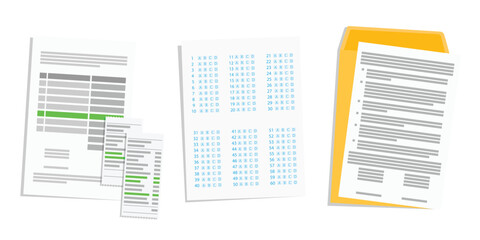 Collection of various paper documents, including checklists, receipts, payment slips, contracts and test forms