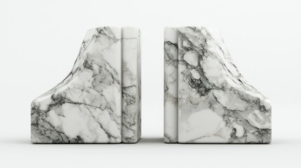3D render of a pair of marble bookends with sculptural shape on white background