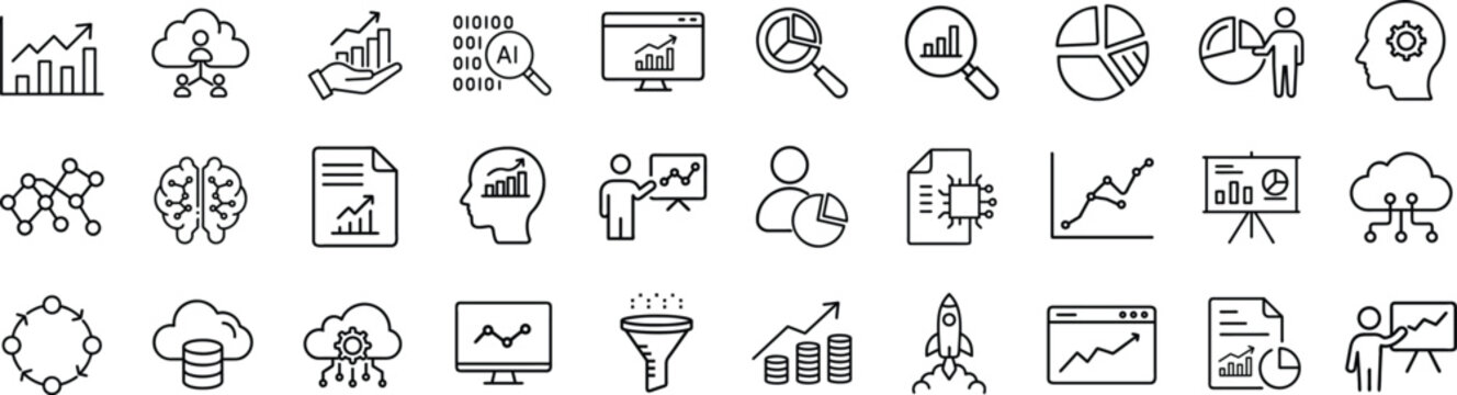 Data Analytics Vector Icon Set | Adjustable Line Weight | Chart, graph, analysis, report, growth, trend, statistics, pie chart, bar graph, line graph, scatter plot, dashboard, infographic icons