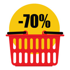 Red shopping basket with yellow promotional tag, label, sticker special offer