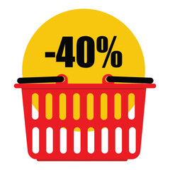 Red shopping basket with yellow promotional tag, label, sticker special offer
