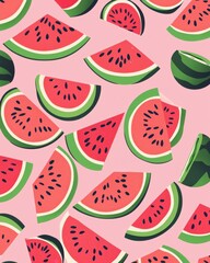 Pink background with scattered watermelon slices and whole mini watermelons in a vibrant, summery design