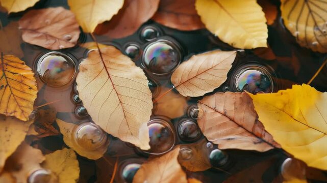 Colorful autumn leaves float on water