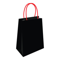 Black paper shopping bag with red handles isolated on white background