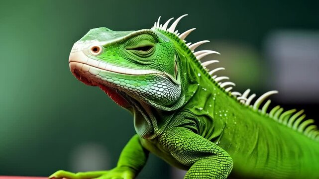 Detailed portrait of a vibrant green iguana with spiky scales and intense gaze, against a simple studio background.