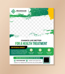 Medical healthcare flyer. chance live better for a health treatment leaflet design template. brush grunge with yellow and green gradient colors. space for photo isolated on white background