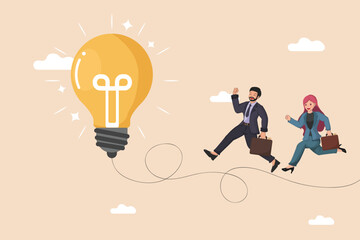 Pursuing Great Ideas: Entrepreneurial Individuals Actively Moving Towards a Luminous Light Bulb, Representing Drive and Strategic Action.