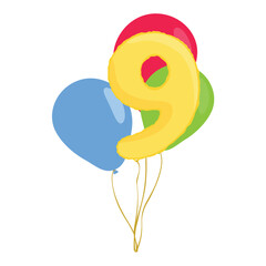 Bunch, group of colorful helium balloons with golden nine number baloon