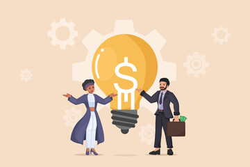 Monetizing Ideas: Professionals with Light Bulb & Dollar Sign, Symbolizing Financial Strategy, and Turning Concepts into Profit.