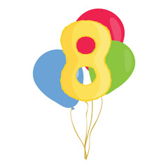 Bunch, group of colorful helium balloons with golden eight number baloon