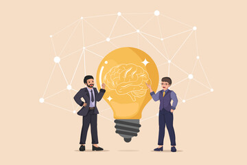 Innovative Brainstorming: Businessmen with Light Bulb & Brain, Symbolizing Creative Ideas, Technology, and Collaborative Problem-Solving.