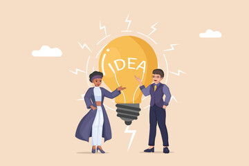 Idea Generation & Collaboration: Business Professionals Discussing New Concepts with a Giant Light Bulb, Symbolizing Innovation and Teamwork.