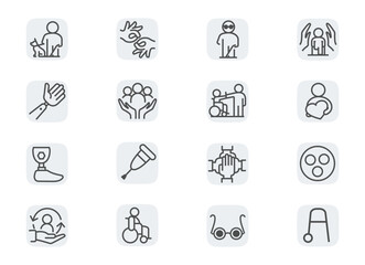 Inclusion. Disability advocacy. Concept editable stroke outline icons set isolated on white background flat vector illustration. Pixel perfect