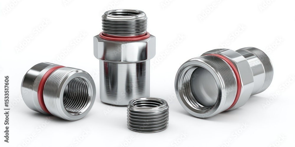 Poster 3d render of compression fitting set on white background