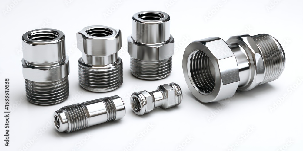 Poster 3d render of compression fitting set on white background