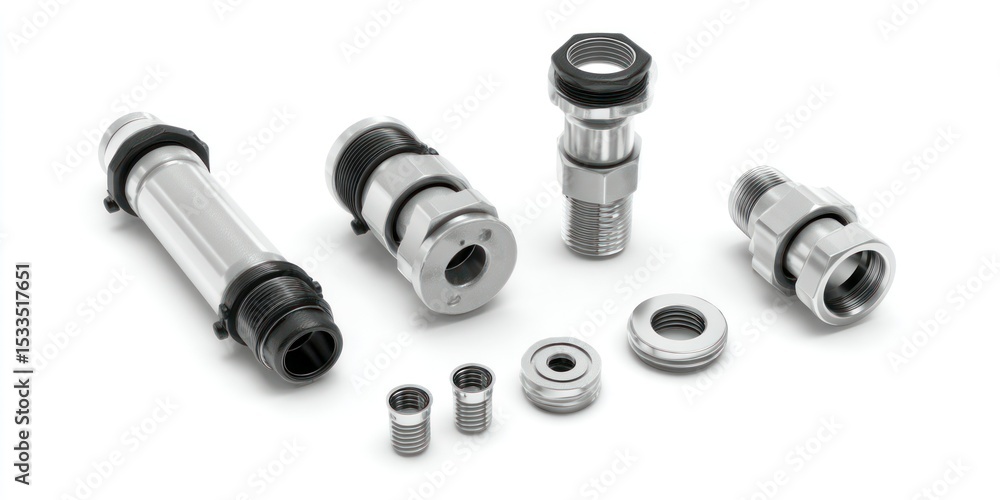 Poster 3d render of compression fitting set on white background