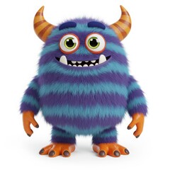 Cute furry monster with horns isolated on white background. use cases: children's books, animation, toy design.
