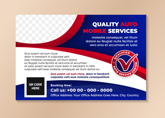 Quality auto car mobile services poster template with photo space on horizontal layout background. blue and red gradient colors element with white color background.