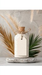 Fototapeta premium White Speckled Bottle Mockup with Blank Tag and Dried Plants