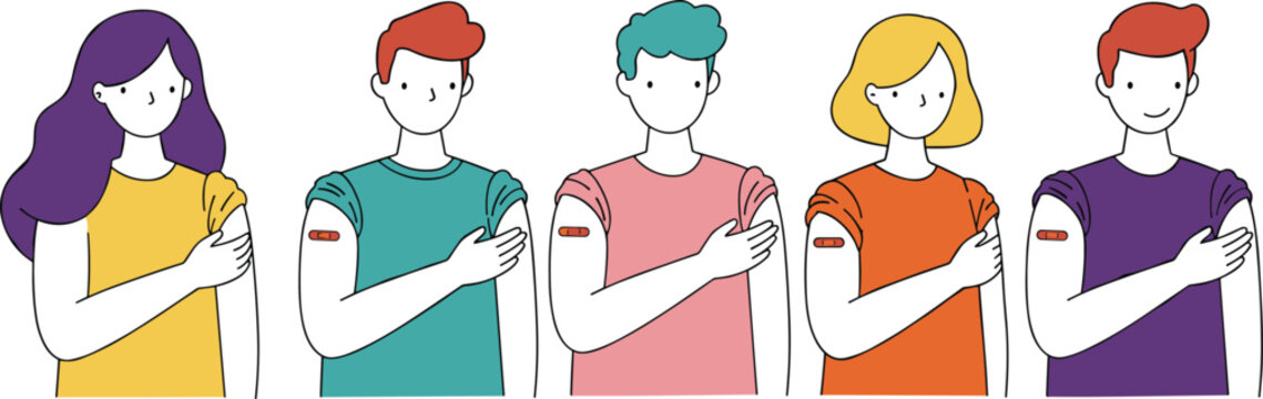 People showing vaccine bandage on arm, vaccinated characters illustration, health awareness concept, colorful flat style vector design image - Powered by Adobe
