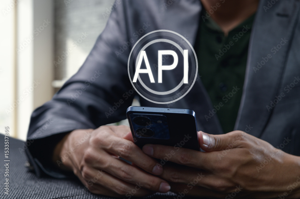 Poster hands holding smartphone with api symbol in business setting