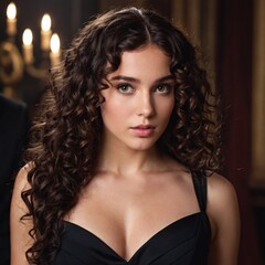 Cinematic Portrait of a Woman in Black Dress – Curly Brown Hair, Alluring Expression, Warm Romantic Lighting, and High-Quality Photographic Detail with Elegant and Captivating Aesthetic
