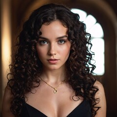 Cinematic Portrait of a Woman in Black Dress – Curly Brown Hair, Alluring Expression, Warm Romantic Lighting, and High-Quality Photographic Detail with Elegant and Captivating Aesthetic