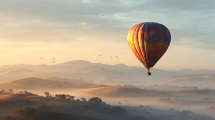 Fototapeta premium Colourful Hot Air Balloon Flying Over Misty Hills at Sunrise