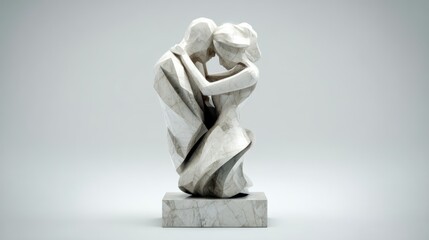 3D render of couple embracing abstract statue on white background