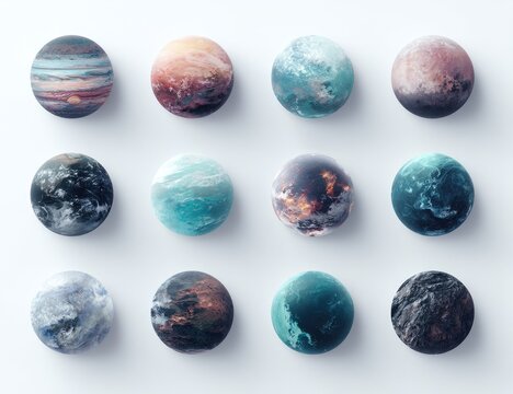Twelve diverse, stylized planets arranged in a grid against a plain white backdrop; each sphere displays unique atmospheric textures and colors