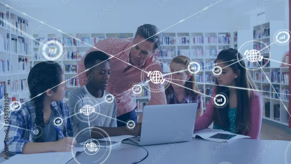 Poster educator guiding group in library pointing at laptop showing network icons connecting data flow