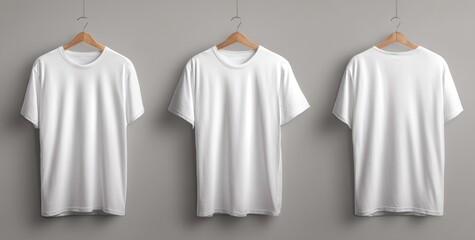 Three plain white t-shirts hang on wooden hangers against a grey backdrop, showcasing front, side, and back views
