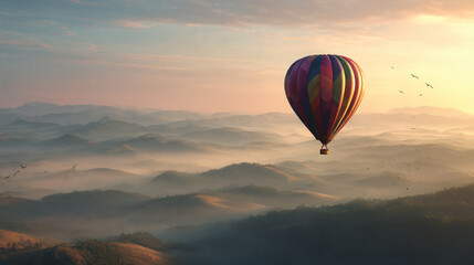 Fototapeta premium Hot Air Balloon Floating Over Misty Mountain Range at Sunrise