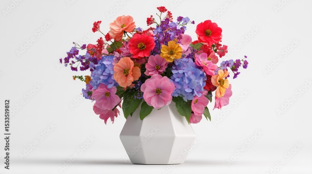 Poster 3d render of hexagon base vase with colorful blooms on white background